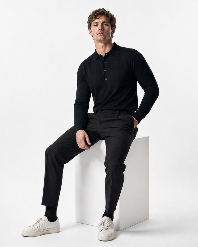 IOS KNITTED POLO longsleeve - BLACK