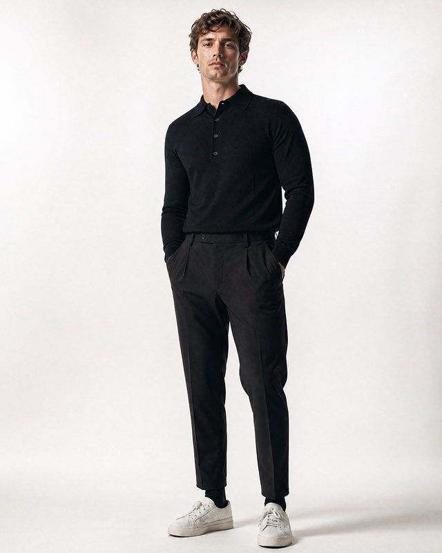 IOS KNITTED POLO longsleeve - BLACK