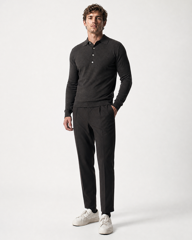 IOS KNITTED POLO longsleeve - DARK BROWN MEL.