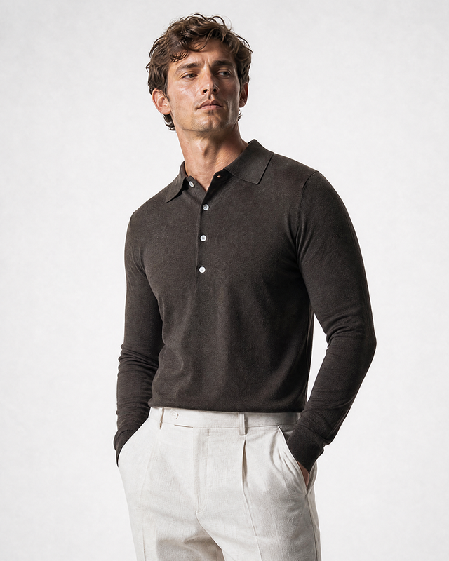 IOS KNITTED POLO longsleeve - DARK BROWN MEL.