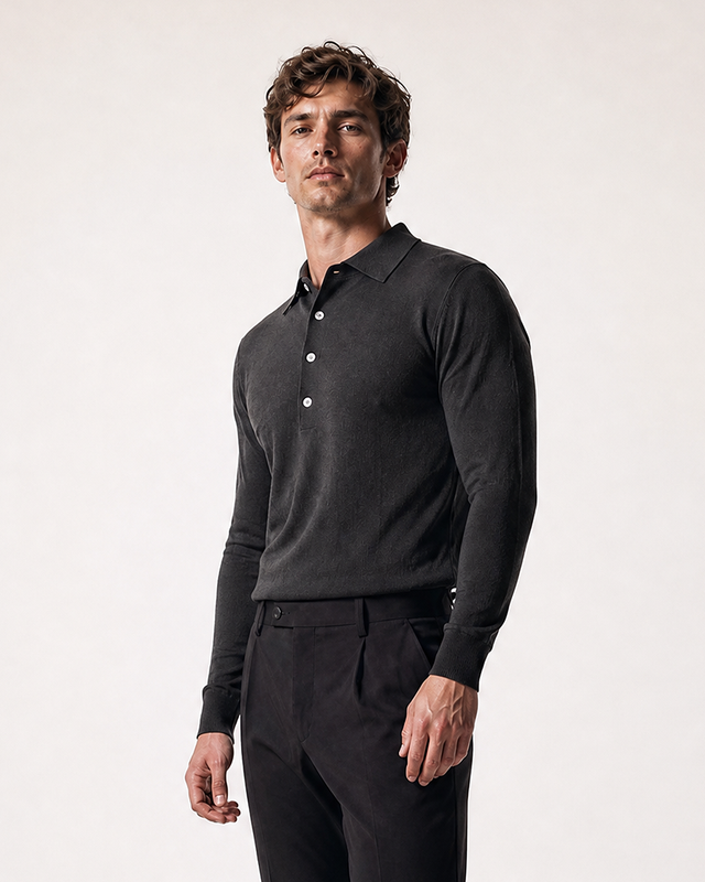IOS KNITTED POLO longsleeve - DARK BROWN MEL.